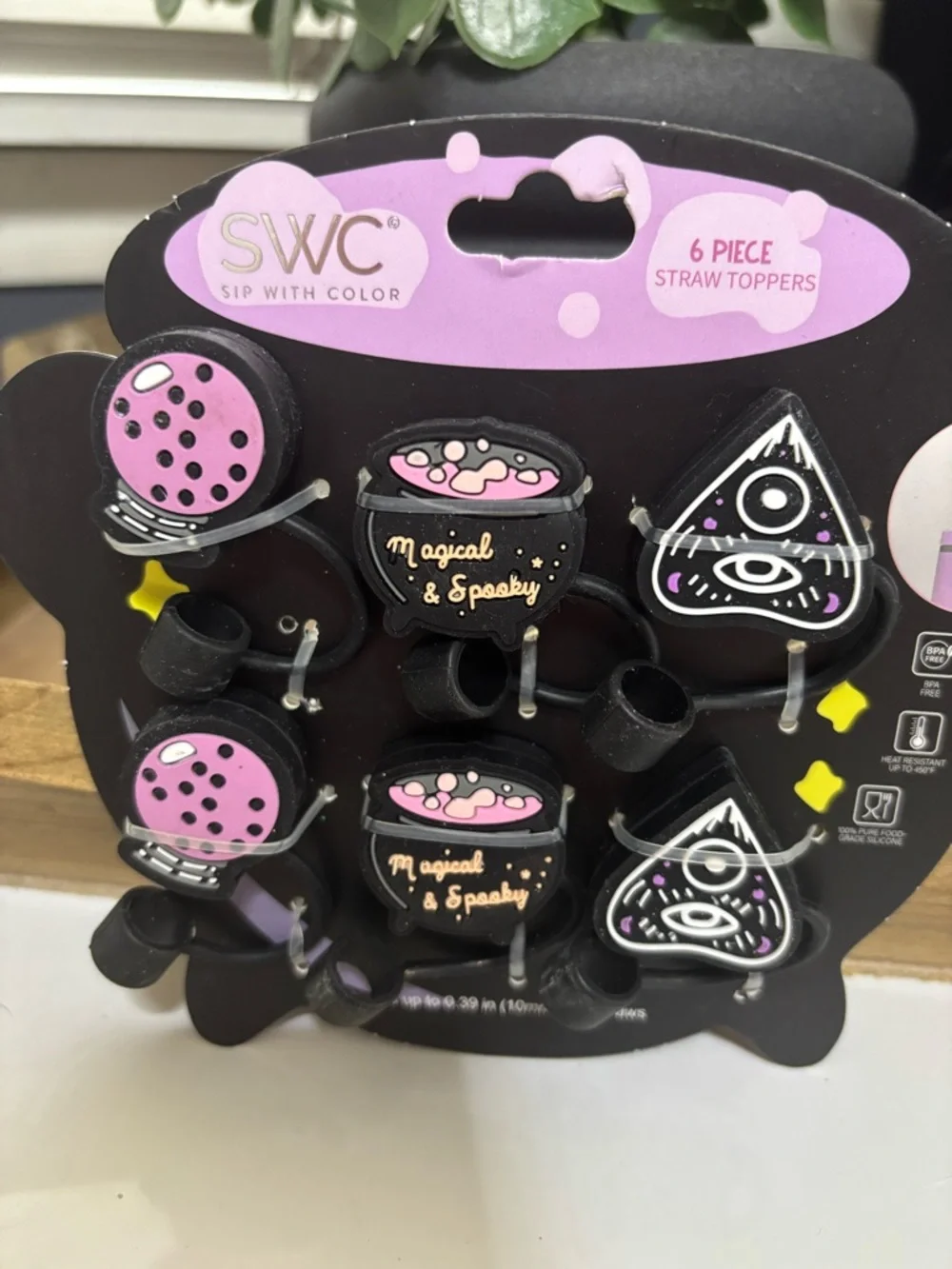 SWC Pink & Black Halloween Drink Straw Toppers - 6pc
